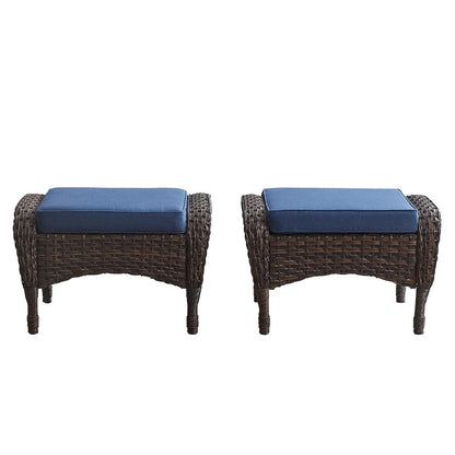Outdoor Ottomans for Patio Foot Rest - 25 Inch PE Wicker Foot Stool Set of 2 with Removable Cushions for Patio Furniture Sets,All Weather Rattan Ottoman for Balcony Deck Backyard Brown