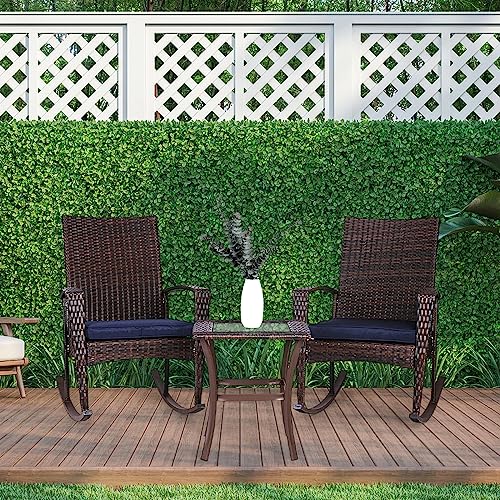3 Piece Wicker Rocking Chair Patio Furniture Sets, Outdoor Wicker Bistro Rattan Chair Conversation Sets with Cushions and Coffee Table, Navy and Brown