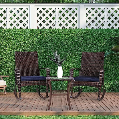 3 Piece Wicker Rocking Chair Patio Furniture Sets, Outdoor Wicker Bistro Rattan Chair Conversation Sets with Cushions and Coffee Table, Navy and Brown
