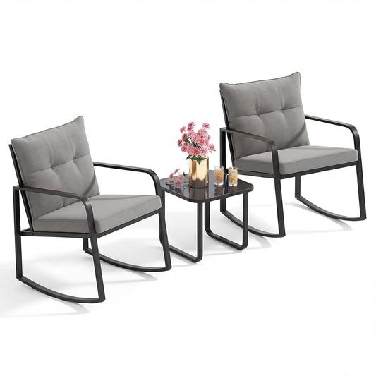 3 Piece Rocking Bistro Set, Black Steel Patio Furniture, Porch Chairs Conversation Set with Glass Coffee Table, Back Cushion, for Balcony, Garden, Deck, Backyard, Grey