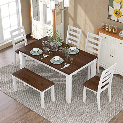 Modern 6 Piece Dining Table Set for 6, Farmhouse Wooden Rectangular Kitchen Table Set with 4 Chairs & a Bench, Kitchen Room Furniture Set (Walnut + Cottage White)