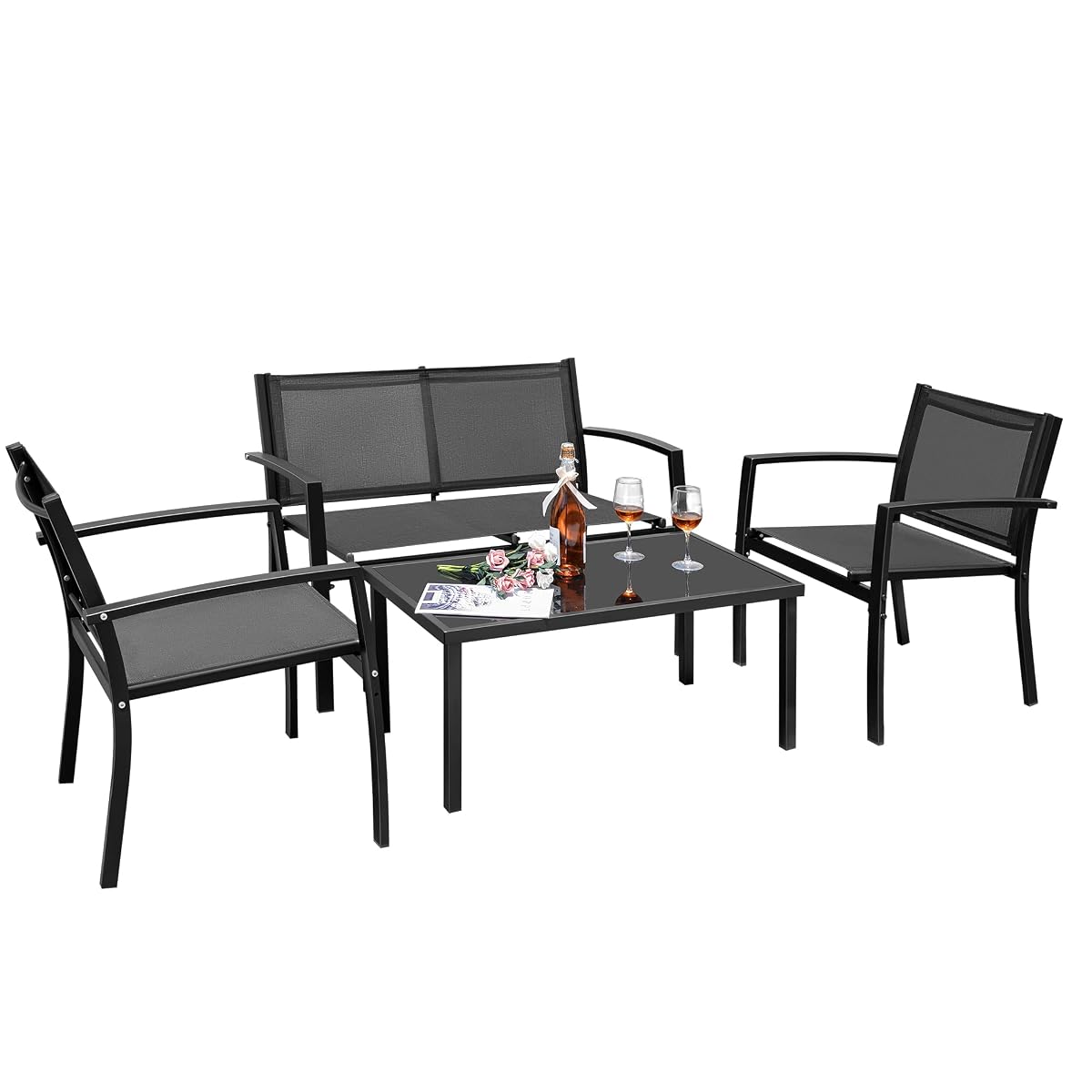 4 Pieces Outdoor Patio Furniture Textilene Modern Conversation Black Bistro Set with Loveseat Tea Table for Home, Lawn and Balcony