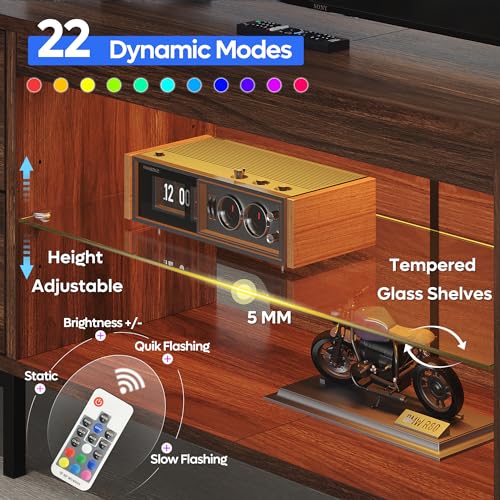 TV Stand for 75/80/85 inch TV, LED Gaming Entertainment Center, Modern TV Cabinet with Glass Shelves for Living Room, Media Console with 2 Storage Drawers & Cabinets for Bedroom, Walnut