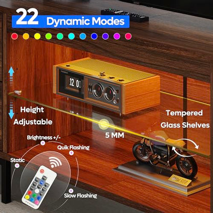 TV Stand for 75/80/85 inch TV, LED Gaming Entertainment Center, Modern TV Cabinet with Glass Shelves for Living Room, Media Console with 2 Storage Drawers & Cabinets for Bedroom, Walnut