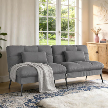 72″Futon Sofa Bed,Modern Convertible Sleeper Sofa, Fabric Futon Couch with Multi-Position Backrest for Living Room Furniture (Grey) | Convertible Fabric futon couch with pillows, upholstered recliner lounge, multi-angle loveseat, living room furniture