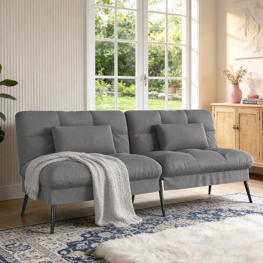 72″Futon Sofa Bed,Modern Convertible Sleeper Sofa, Fabric Futon Couch with Multi-Position Backrest for Living Room Furniture (Grey) | Convertible Fabric futon couch with pillows, upholstered recliner lounge, multi-angle loveseat, living room furniture