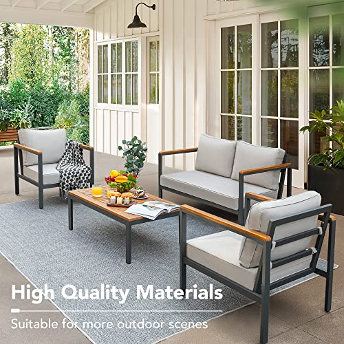 4 Pieces Patio Furniture Sets Outdoor Conversation Set Acacia Wood Sofa Set with Coffee Table Thicker Sponge Cushion