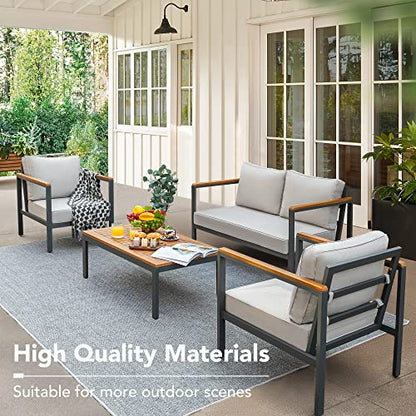 4 Pieces Patio Furniture Sets Outdoor Conversation Set Acacia Wood Sofa Set with Coffee Table Thicker Sponge Cushion