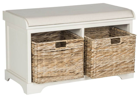 SAFAVIEH Furniture - Freddy 2-Basket Storage Bench - Vintage White - Solid Wood - Coastal Basket Storage Design - Ideal for Entryway, Living Room, Hallway, 18" Seat Height - Fully Assembled (AMH5736D)
