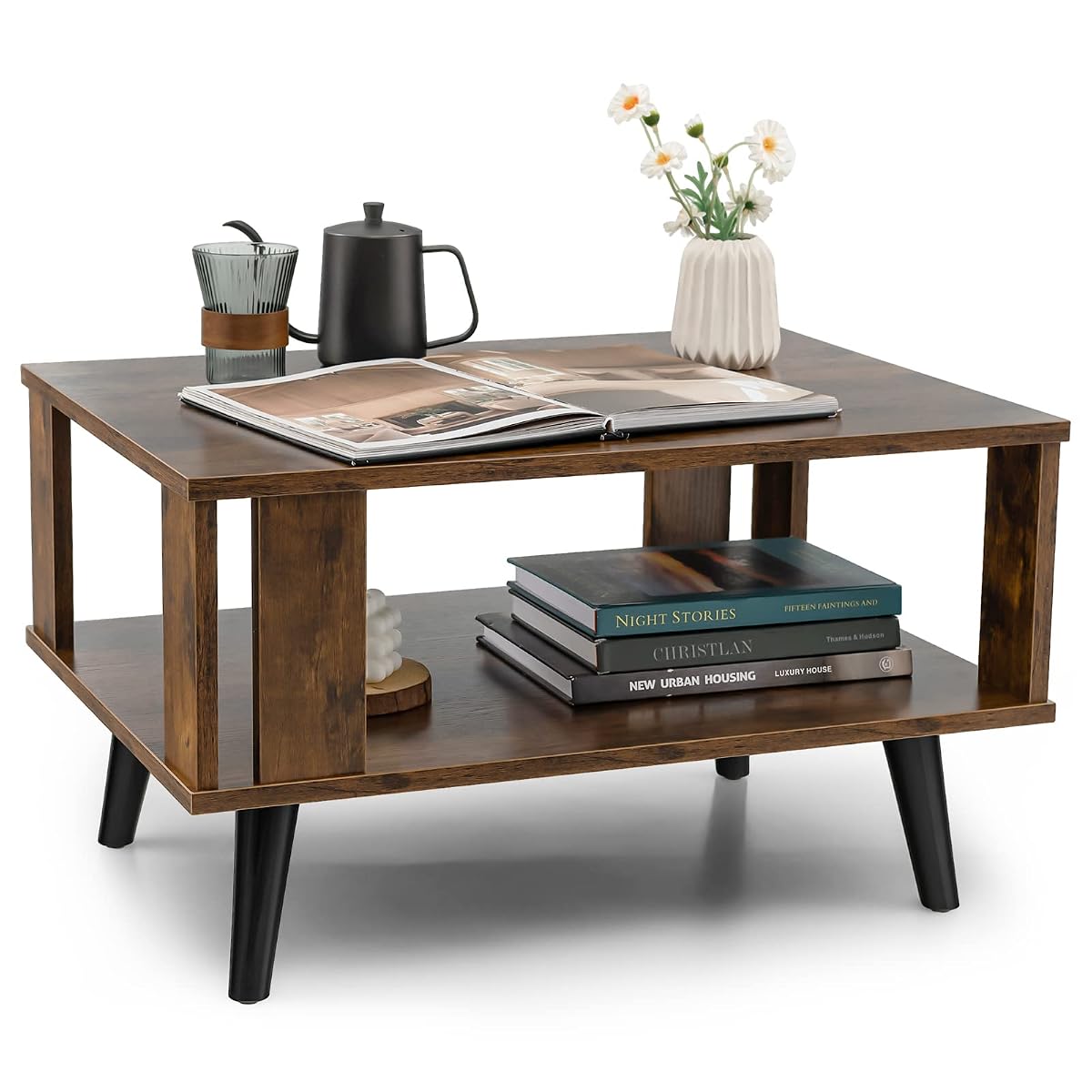 Small Wood Coffee Table, 2-Tier Tea Table w/Open Storage Shelf & Supportive Legs, Easy Assembly, Mid-Century Center Table for Living Room, Reception Room