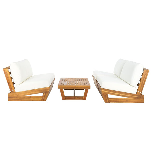 SAFAVIEH Outdoor Patio Furniture - Dune 4-Piece Set - Sand & Beige - Acacia Wood - Modern, Conversation Set with Detachable Cushion Covers - Ideal for Patio, Deck, Porch, Backyard (PAT9515A-KIT3)