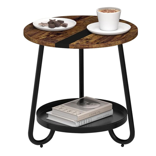 2 Tier Coffee Table in Living Room, Industrial Style Round Coffee Table with Metal Tray, Wood Small Outdoor Coffee Table for Bedroom Balcony Patio, Rustic Brown