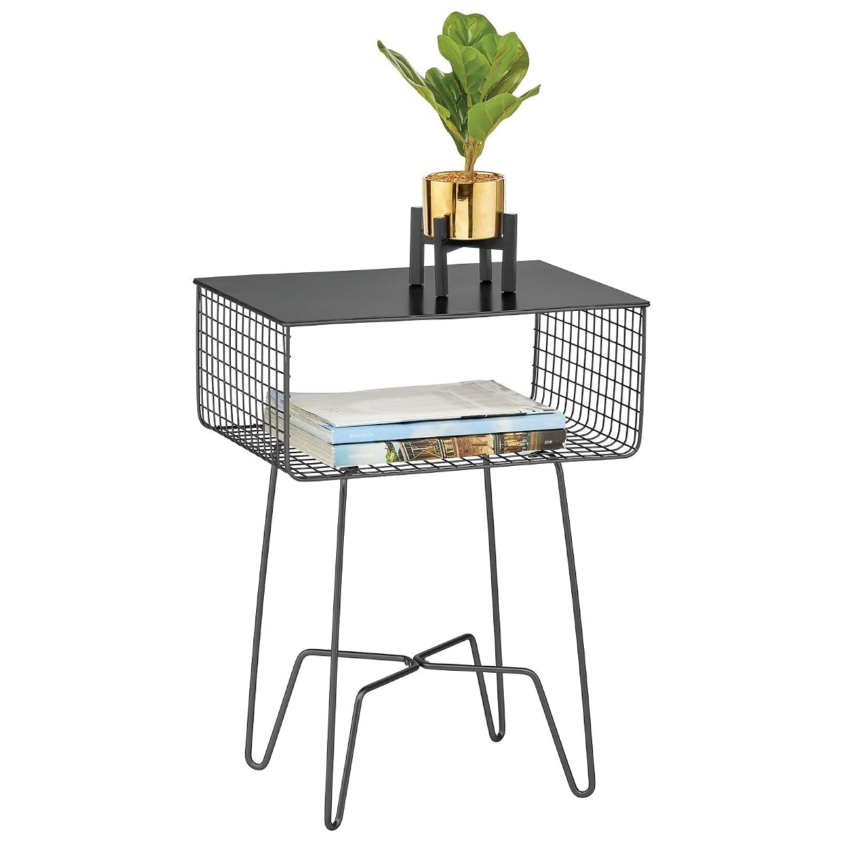 Steel Side Table Nightstand with Storage Shelf Basket for Bedroom, Living Room, Home Office; Rustic Bedside End Table, Industrial Modern Accent Furniture - Concerto Collection - Black