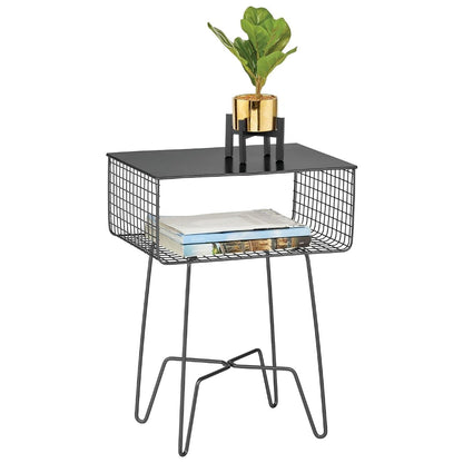 Steel Side Table Nightstand with Storage Shelf Basket for Bedroom, Living Room, Home Office; Rustic Bedside End Table, Industrial Modern Accent Furniture - Concerto Collection - Black