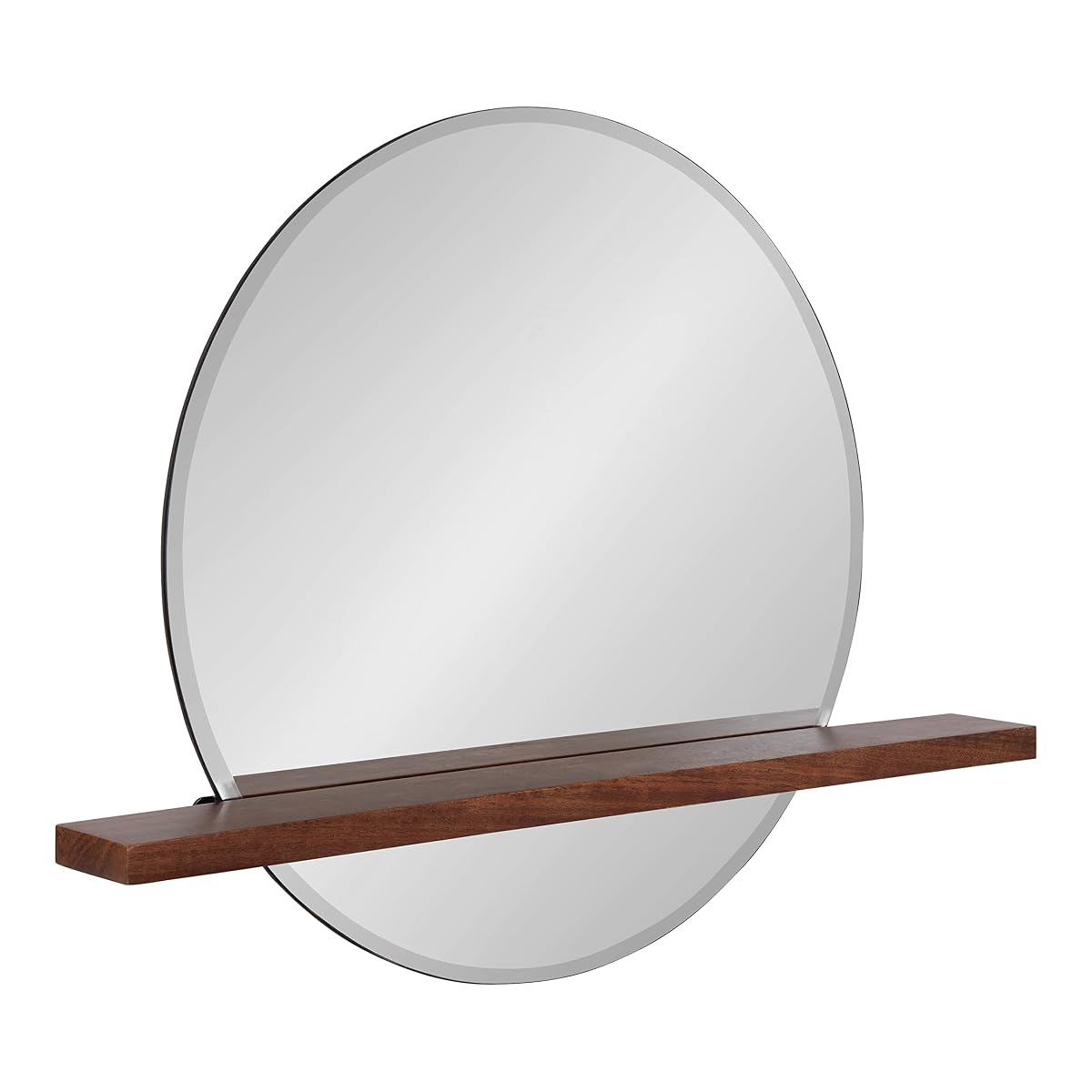 Fossett Frameless Round Wall Mirror, 24 Inch Diameter, Walnut Brown, Decorative Functional Mirror with Shelf for Storage and Display