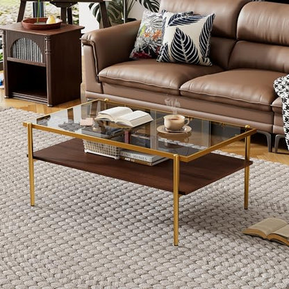 Glass Coffee Table Modern Center Table,Small Coffee Table Sofa Side Tea Table for Living Room,Tempered Glass-top with Metal Frame