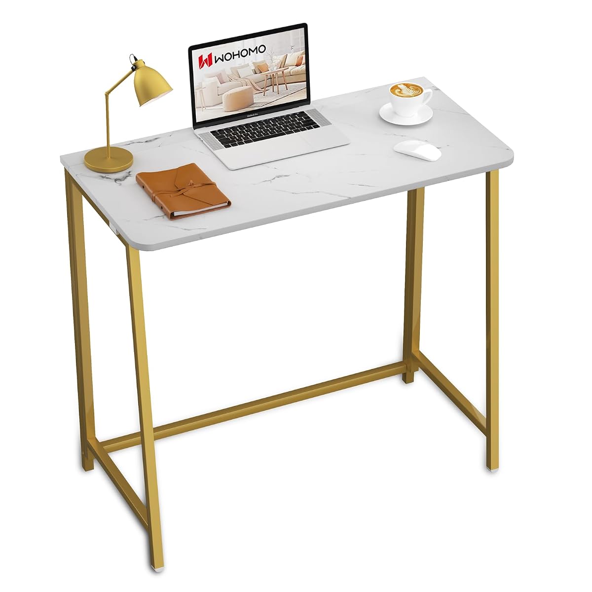 White Faux Marble Folding Desk, 31.5" Small Desk for Small Spaces with Gold Legs, Easy Assemble Foldable Computer Desk, Mini Portable Working Table for Home Office, White and Gold