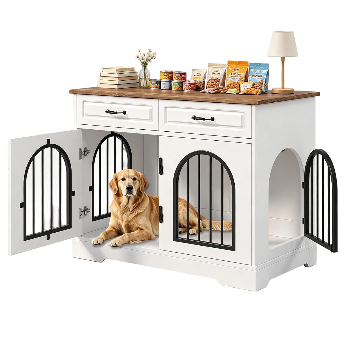 43.3" Dog Crate Furniture with 2 Storage Drawers & Side Access