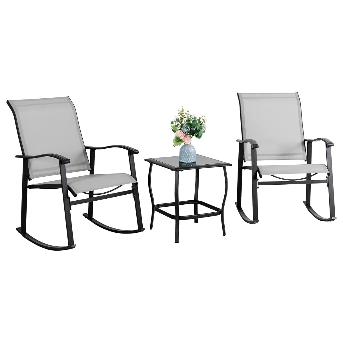 3 Piece Outdoor Rocking Bistro Set, Textilene Fabric Small Patio Furniture Set, Front Porch Rocker Chairs Conversation Set with Glass Table for Lawn, Garden, Balcony, Poolside (Light Gray)