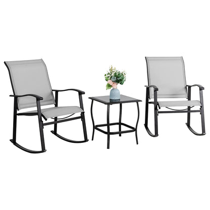 3 Piece Outdoor Rocking Bistro Set, Textilene Fabric Small Patio Furniture Set, Front Porch Rocker Chairs Conversation Set with Glass Table for Lawn, Garden, Balcony, Poolside (Light Gray)