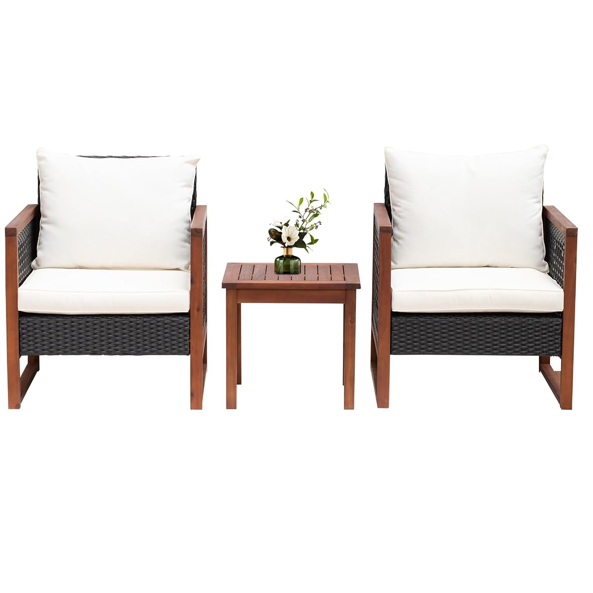PayLessHere 3-Piece Outdoor Patio Furniture Set Modern Rattan Bistro Conversation Set with Acacia Wood Frame, Coffee Table, and Water-Resistant Cushions for Balcony, Garden, or Backyard (Khaki)