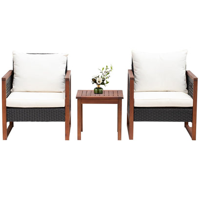 PayLessHere 3-Piece Outdoor Patio Furniture Set Modern Rattan Bistro Conversation Set with Acacia Wood Frame, Coffee Table, and Water-Resistant Cushions for Balcony, Garden, or Backyard (Khaki)