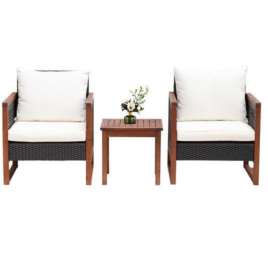 PayLessHere 3-Piece Outdoor Patio Furniture Set Modern Rattan Bistro Conversation Set with Acacia Wood Frame, Coffee Table, and Water-Resistant Cushions for Balcony, Garden, or Backyard (Khaki)