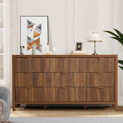 Mid Century Modern Dresser TV Stand, 9 Drawer Dresser for Bedroom Wood, Farmhouse Boho Storage Cabinet Side Table with Solid Natural Wood Legs, Long Wooden Nightstand for Closet (Walnut)
