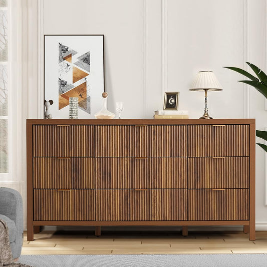 Mid Century Modern Dresser TV Stand, 9 Drawer Dresser for Bedroom Wood