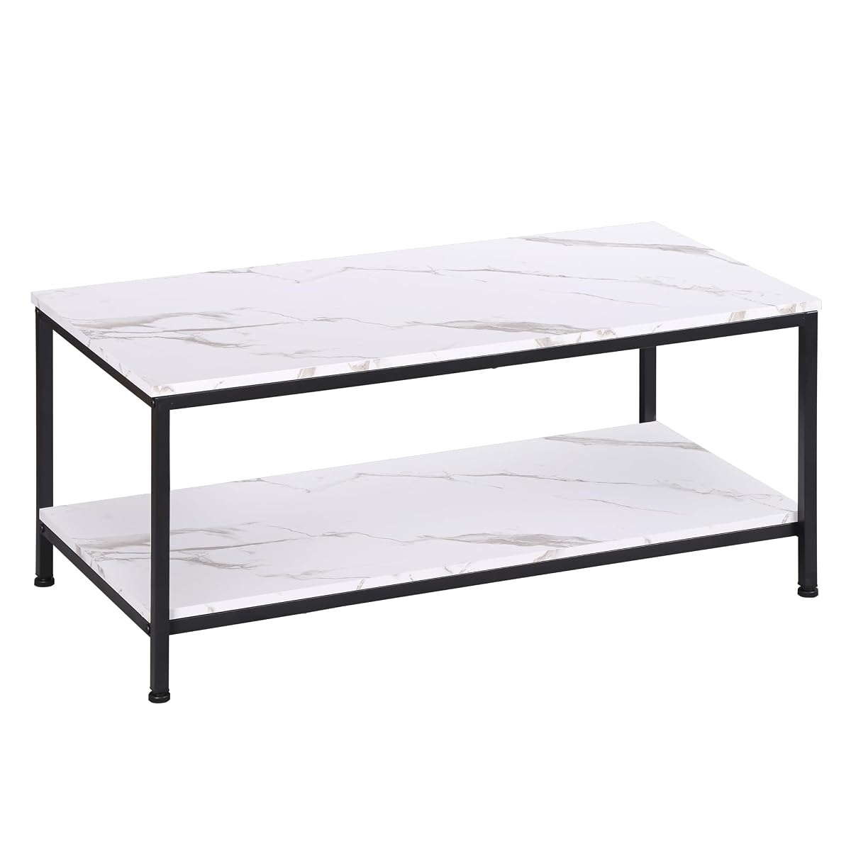 2-Tier Coffee Table with Storage Shelf for Small Apartment Living Room, Rectangle Wood and Stable Metal TV Stand Side End Table, White Marble