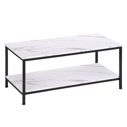 2-Tier Coffee Table with Storage Shelf for Small Apartment Living Room, Rectangle Wood and Stable Metal TV Stand Side End Table, White Marble