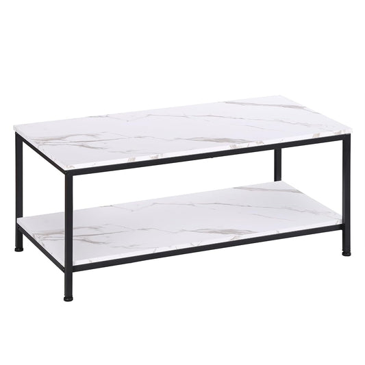 2-Tier Coffee Table with Storage Shelf for Small Apartment Living Room, Rectangle Wood and Stable Metal TV Stand Side End Table, White Marble