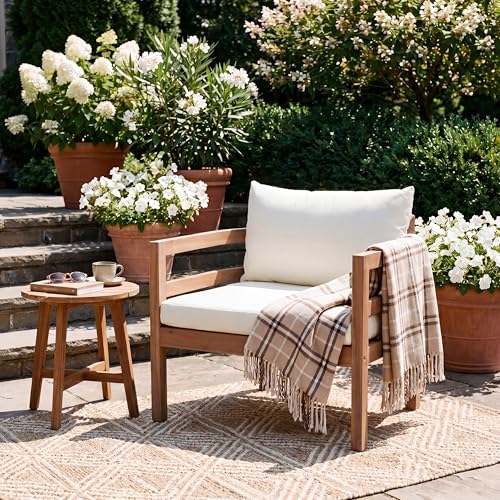Alger Acacia Wood Lounge Chair Outdoor with Removable Cushion, Solid Wood Patio Accent Chair with Cushion, Patio Furniture Set Sofa Chair, Light Teak+Beige