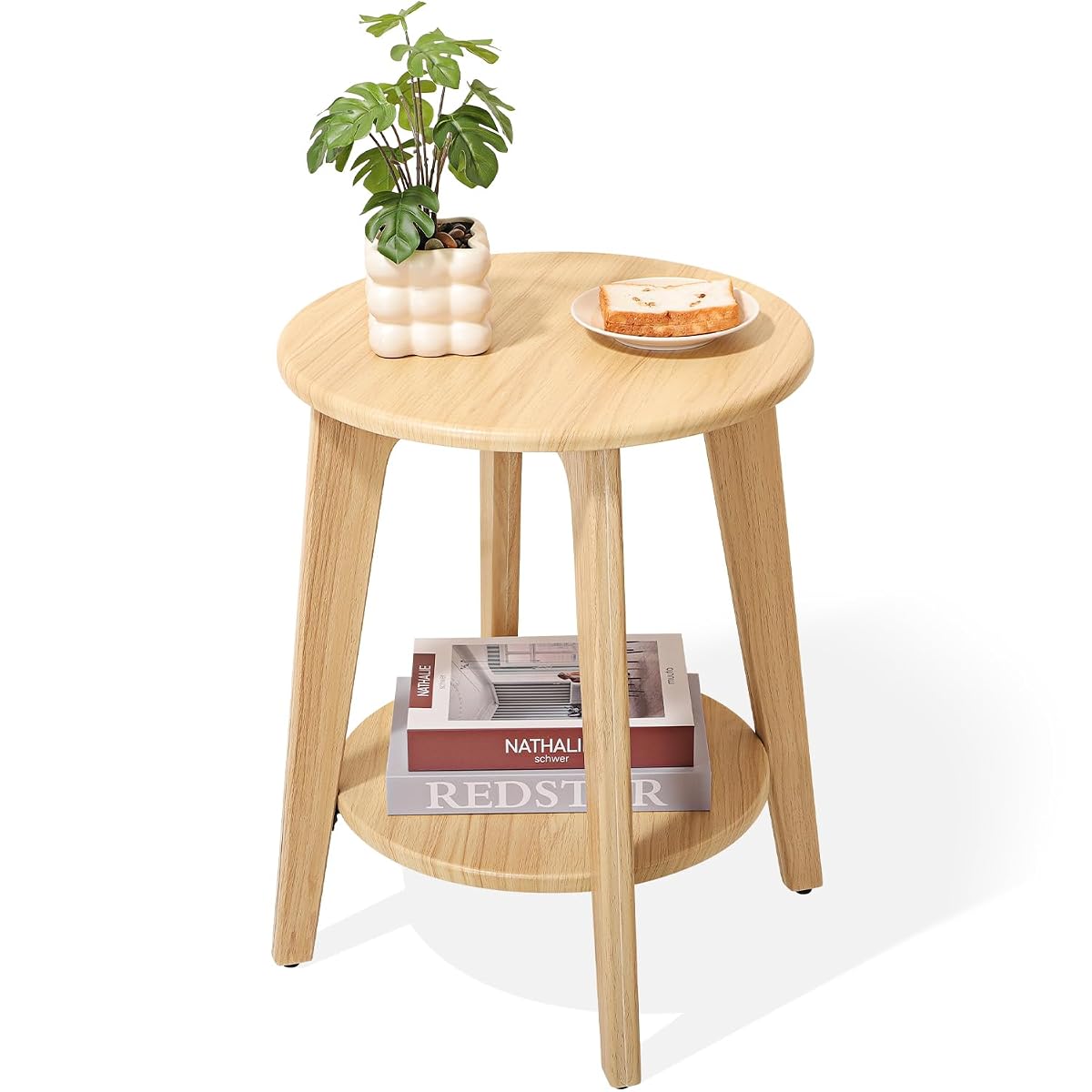 End Table Small Round Side Table with 2 Storage Shelves Walnut End Tables Accent Sofa Bedside Table Modern Night Stand for Living Room Bedroom Small Spaces