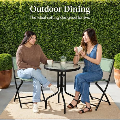 Best Choice Products 3-Piece Patio Bistro Dining Furniture Set w/Textured Glass Tabletop, 2 Steel Folding Chairs, Polyester Fabric - Sage