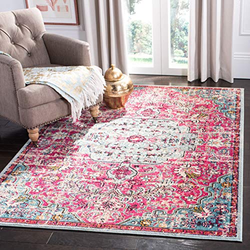 SAFAVIEH Madison Collection Area Rug - 6' x 9', Fuchsia & Teal, Boho Chic Medallion Distressed Design, Non-Shedding & Easy Care, Ideal for High Traffic Areas in Living Room, Bedroom (MAD447R)