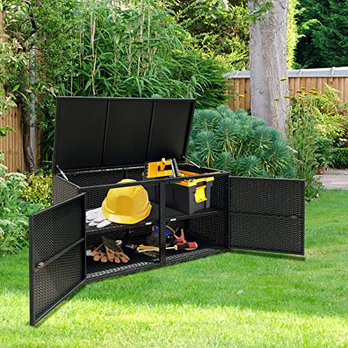 Deck Box Outdoor Wicker Storage Box Cabinet, 88 Gallon Patio Rattan Storage Container Bin Box for Furniture Tools in Garden Balcony Porch Yard