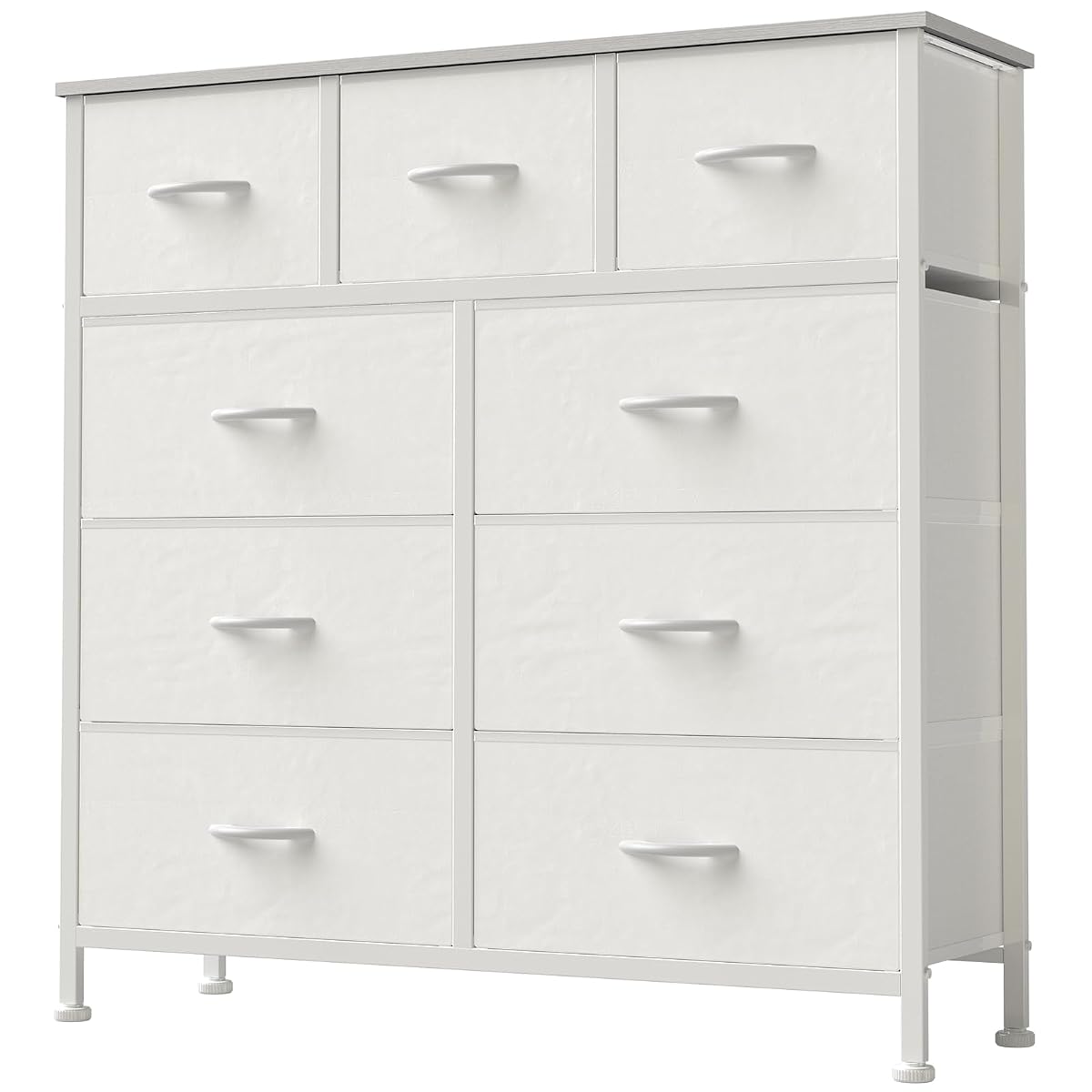 Dresser for Bedroom, Storage Organizer with 9 Drawers, Chest of Drawers with Fabric Bins, Sturdy Metal Frame, Wood Tabletop for Guest Room, Closet, Entryway, White