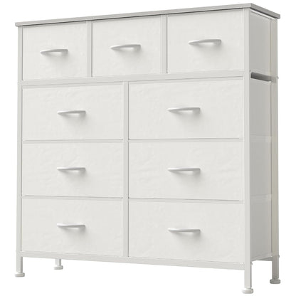 Dresser for Bedroom, Storage Organizer with 9 Drawers, Chest of Drawers with Fabric Bins, Sturdy Metal Frame, Wood Tabletop for Guest Room, Closet, Entryway, White