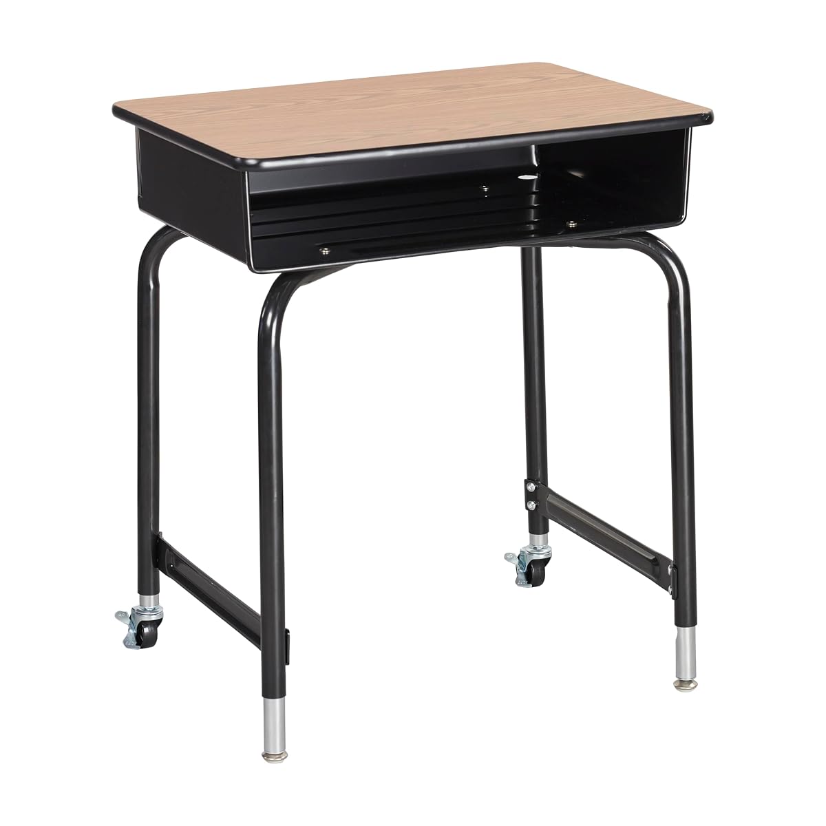 Mobile Open Front Desk with Metal Storage Book Box, Classroom Furniture, Oak