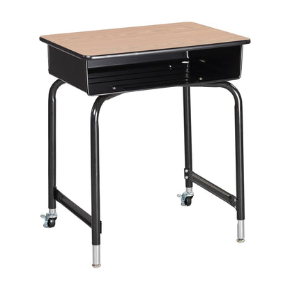 Mobile Open Front Desk with Metal Storage Book Box, Classroom Furniture, Oak