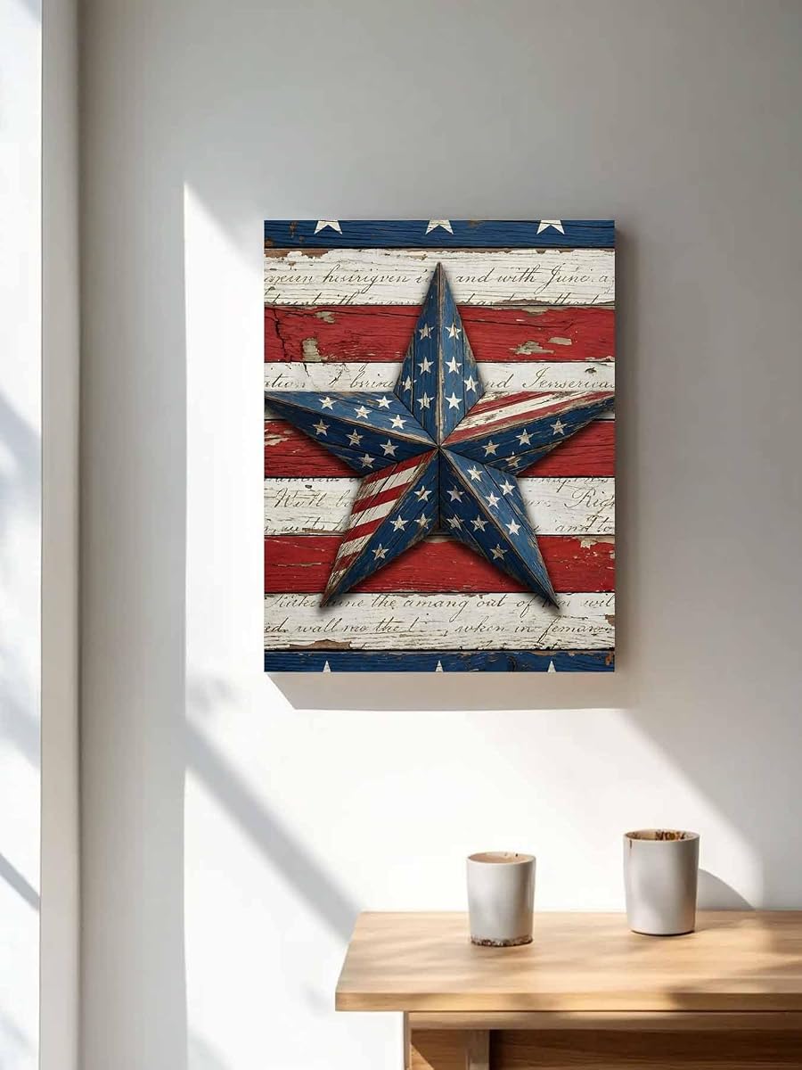 Retro USA Flag Wood Texture Canvas Wall Art Prints,30"x20" Framed Picture Artwork July 4th Red Blue White Star Stripe Printed Canvas Oil Painting for Living Room Bedroom Office,Ready to Hang