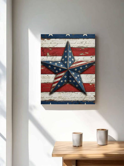 Retro USA Flag Wood Texture Canvas Wall Art Prints,30"x20" Framed Picture Artwork July 4th Red Blue White Star Stripe Printed Canvas Oil Painting for Living Room Bedroom Office,Ready to Hang