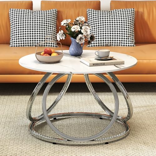 Silver Coffee Table, Round Coffee Table Faux Marble Veins, Modern Center Table with Chrome Finish, for Living Room, Home Office, 1 PC