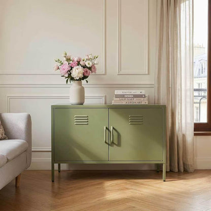 Green Metal TV Stand Cabinet, 2 Door Steel Storage Locker with Adjustable Shelf