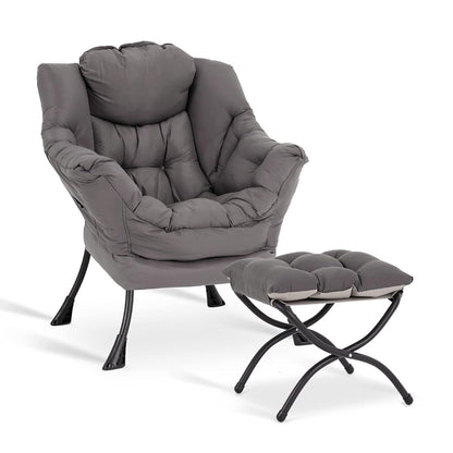 Lazy Chair with Ottoman, Modern Accent Leisure Upholstered Lazy Sofa Armchair, Contemporary Lounge Reading Chair with Armrests and a Side Pocket for Living Room, Bedroom & Small Space, Dark Grey