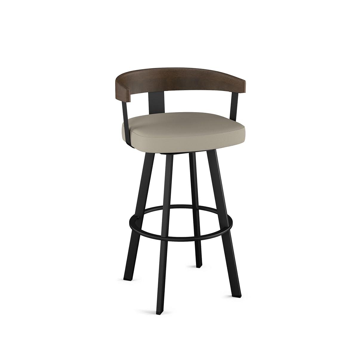 Lars 26" Swivel Counter Height Barstool, Upholstered Stool with Solid Wood Back and Arms for Kitchen Island or Bar, Drees Stool, Greige Faux Leather/Brown Wood/Black Metal