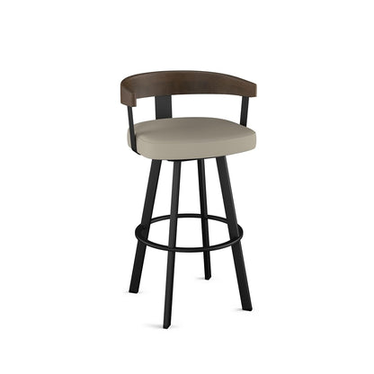 Lars 26" Swivel Counter Height Barstool, Upholstered Stool with Solid Wood Back and Arms for Kitchen Island or Bar, Drees Stool, Greige Faux Leather/Brown Wood/Black Metal