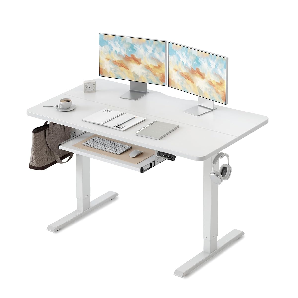 Standing Desk with Keyboard Tray, 48 x 24 Inch Adjustable Height Sit Stand Desk with Memory Presets for Home Office, Ergonomic Computer Workstation, White