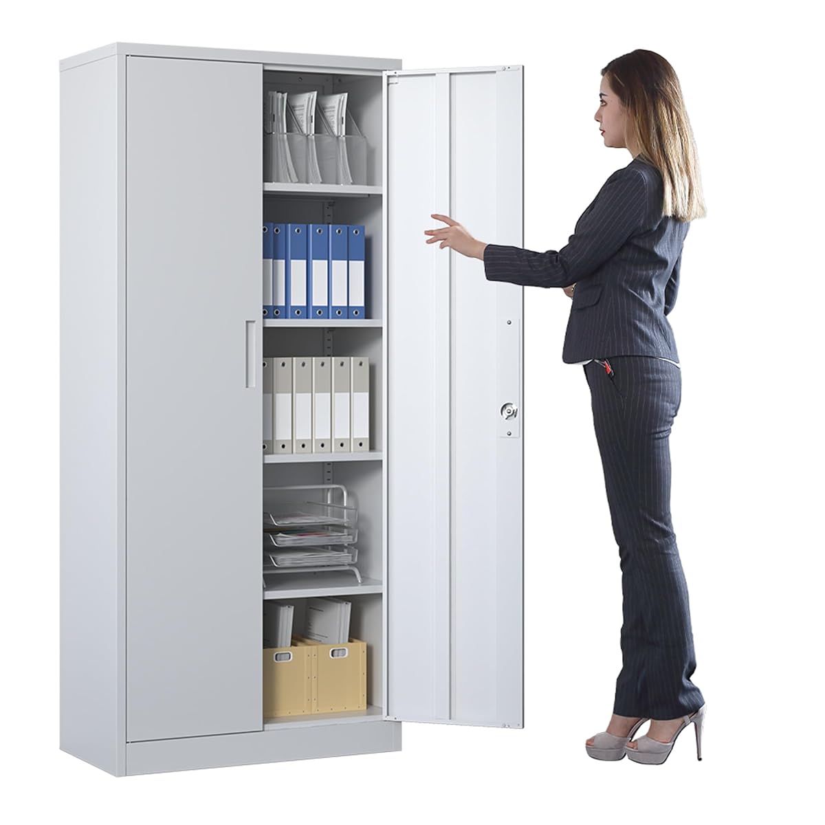 Metal Storage Cabinet with Adjustable Shelves, Garage Tool Cabinet with 2 Lockable Doors for Office, Home, Garage, Require Assembly, White